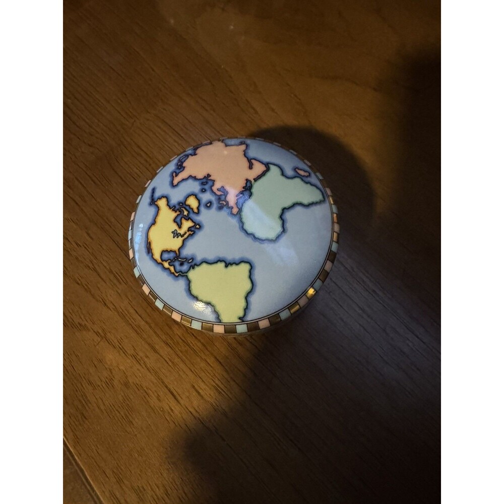 Tiffany & Co Jewelry Trinket Box with Lid World Map Ocean Blue Gold Accent Rim